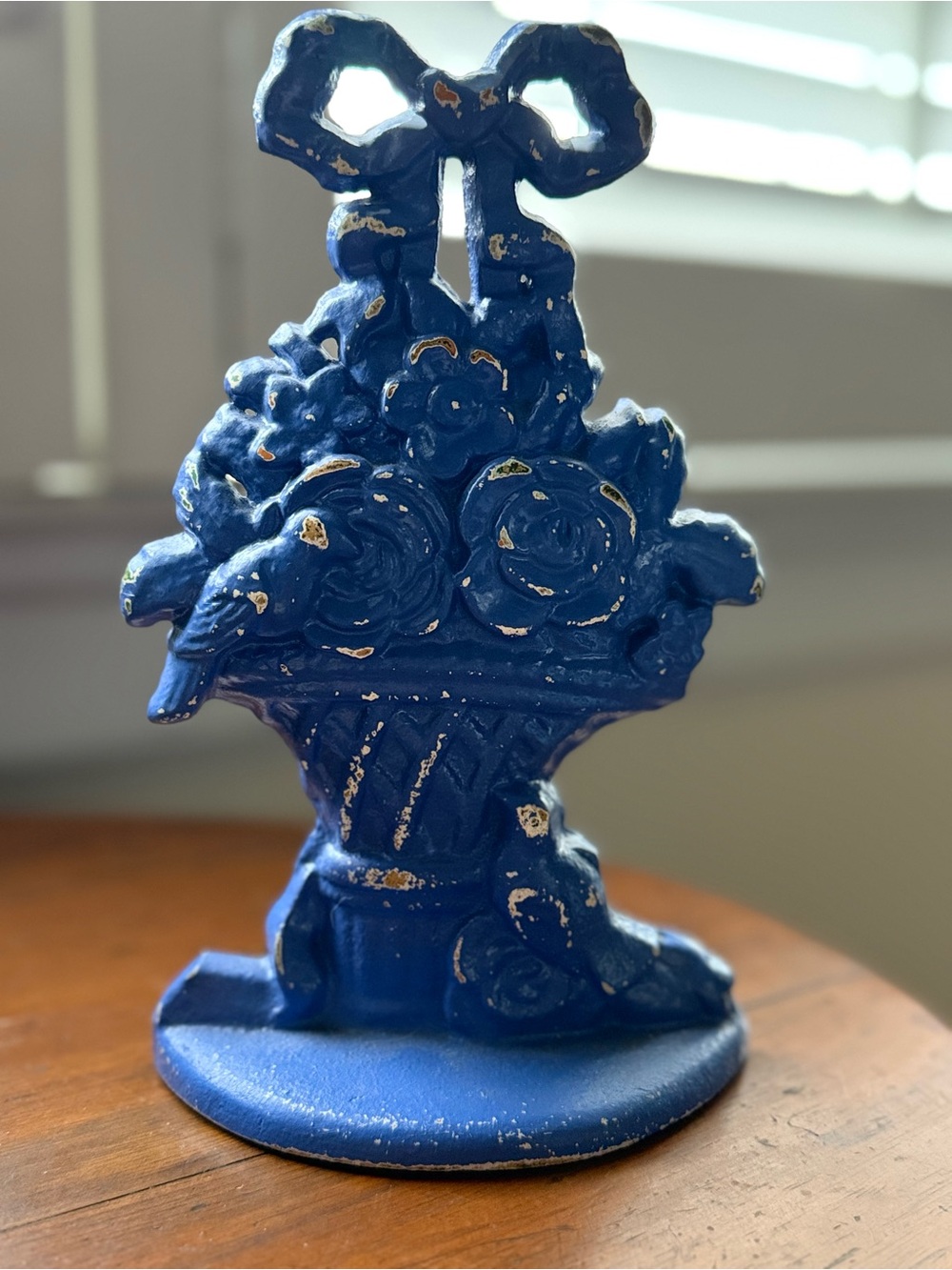 Cast Iron Decorative Blue Floral Basket with Bird & Bow